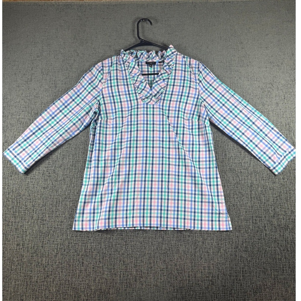 Talbots Petites Plaid Ruffle V-Neck Non-Iron Tunic Blouse Blue Pink Green 4P